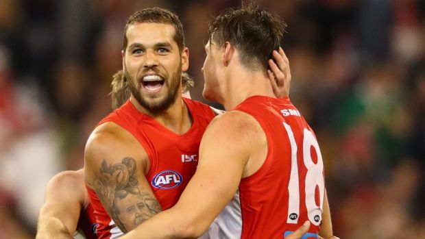 Danger man: Lance Franklin and Callum Sinclair.