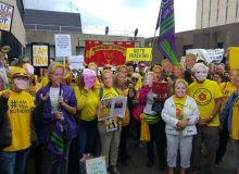 Tina Rothery (front centre) with supporters outside Blackpool Law Courts this morning