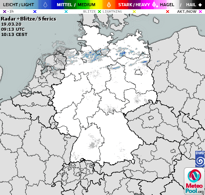 Weather map - precipitation and lightnings in Germany