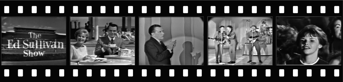 The Feb. 16 show: Title card from Miami Beach; George Fenneman and random woman punt Lipton Tea; Ed Sullivan and his shadow; The Beatles in full song (note John's wide-apart legs); Beatles fan controls her hysteria; today she probably tells her grandchildren about seeing the Beatles.