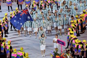 Flag-bearer Anna Meares with the Australian team at the Rio Olympic Games Opening Ceremony.