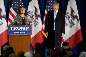 Former Alaska Gov. Sarah Palin, left, endorses Republican presidential candidate Donald Trump during a rally at the Iowa State University, Tuesday, Jan. 19, 2016, in Ames, Iowa.