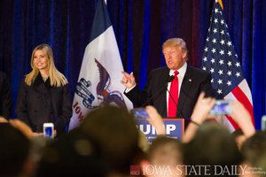 After securing his place in the top three in the Republican caucuses, presidential candidate Donald Trump spoke briefly to a crowd a watch party, Feb 2 in West Des Moines. Trump said, “I love you people, I love you people, thank you very much.”