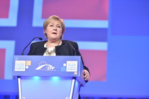 File - Norwegian Prime Minister Erna Solberg speaking at the 2014 European People's Party Congress in Dublin, Ireland.