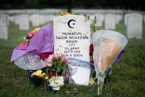 Headstone of U.S. Army Captain Humayun Saqib Muazzam Khan, Arlington National Cemetery August 2nd, 2016. Khan was killed in action in Iraq on June 8, 2004, during Operation Iraqi Freedom and posthumously awarded the Purple Heart and the Bronze Star.