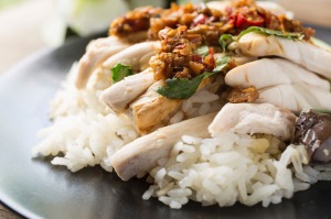 Singaporean favourite: Hainanese chicken with marinated rice.