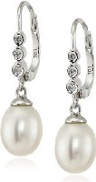 10k White Gold Freshwater Cultured Pearl (9.5-10 mm) and Diamond Drop Earrings