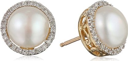 10k Yellow Gold Freshwater Cultured Pearl and Diamond Stud Earrings (1/10 cttw, I-J Color, I2-I3 Clarity)