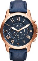 Fossil Men's FS4835 Grant Chronograph Leather Watch-Rose Gold-Tone and Blue