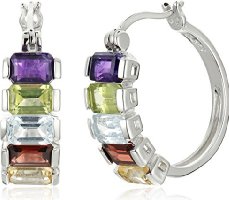 Sterling Silver Multi-Gemstone Hoop Earrings (0.8" Diameter)