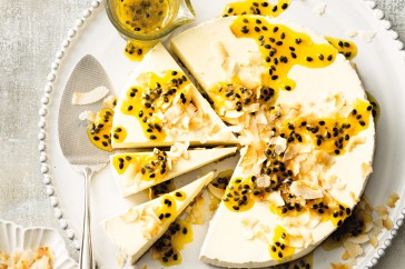 Coconut cheesecake with lime and passionfruit sauce