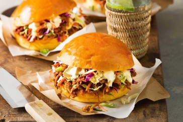 Sticky hoisin pulled pork and slaw burgers