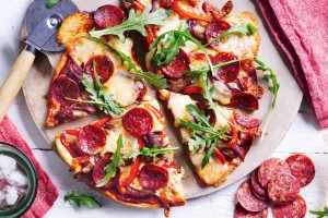 Salami, caramelised onion and bocconcini pizza