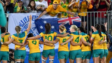 Australia's victorious rugby sevens team salute their fans after the final