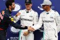 Top three qualifiers Nico Rosberg of Germany and Mercedes GP, Lewis Hamilton of Great Britain and Mercedes GP and Daniel ...