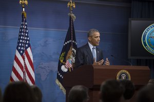 President Barack Obama hosts a news conference to discuss the campaign against the Islamic State of Iraq and the Levant at the Pentagon, Washington, Aug. 4, 2016.