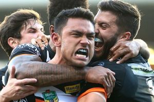 David Nofoaluma of the Tigers celebrates a try.