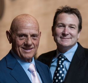 Premier Investments (which owns the Just Group)  chairman Solomon Lew (left) and CEO Mark McInnes are watching as the ...