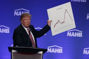 Republican presidential candidate Donald Trump holds a chart as he speaks to the National Association of Home Builders, Thursday, Aug. 11, 2016, in Miami Beach, Florida.