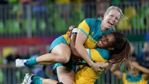 Australia's rugby sevens women celebrate their win in Rio.