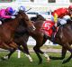 Russian Revolution defeats Highland Beat and Hardham in Race 5 at Caulfield Racecourse.