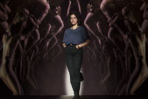 Artist Zoe Scoglio poses in the "cave of female flesh" she has created for the new Melbourne Opera production of ...