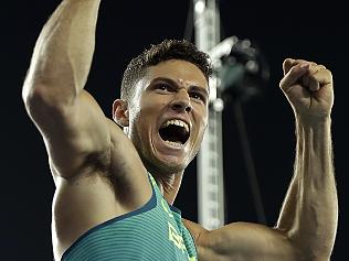 Brazil's Thiago Da Silva celebrates after setting a new Olympic record to win the gold medal in the men's pole vault final during the athletics competitions of the 2016 Summer Olympics at the Olympic stadium in Rio de Janeiro, Brazil, Monday, Aug. 15, 2016. (AP Photo/Matt Slocum)