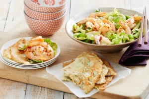 Stir-fried prawns with spring onion pancakes