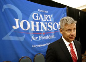 In this May 27, 2016, file photo, Libertarian presidential candidate Gary Johnson speaks to supporters and delegates at the National Libertarian Party Convention in Orlando, Fla.