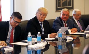 Republican presidential candidate Donald Trump participates in a roundtable discussion on national security in his offices in Trump Tower in New York, Wednesday, Aug. 17, 2016.