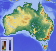 Map showing the topography of Australia, showing some elevation in the west and very high elevation in mountains in the southeast