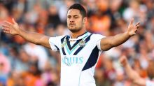 Jarryd Hayne celebrates the field goal he kicked to deliver victory to the Titans over the Tigers in the dying seconds ...