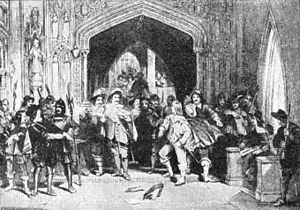 Colonel Thomas Pride refusing admission to the Presbyterian members of the Long Parliament.