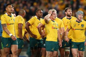 Shocker: The Wallabies during their thrashing at the hands of the All Blacks in the first Bledisloe Cup match.