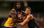 PERTH, AUSTRALIA - APRIL 15:  Nic Naitanui of the Eagles and Shaun Hampson of the Tigers contest the ruck during the ...