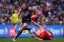 PERTH, AUSTRALIA - JULY 31: Matthew Pavlich of the Dockers runs onto the ball during the round 19 AFL match between the ...