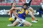 SYDNEY, AUSTRALIA - AUGUST 13:  Josh Kennedy of the Eagles is tackled during the round 21 AFL match between the Greater ...