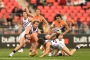 SYDNEY, AUSTRALIA - AUGUST 20: Steve Johnson of the Giants is tackled Hayden Crozier of the Dockers  during the roUnd 22 ...