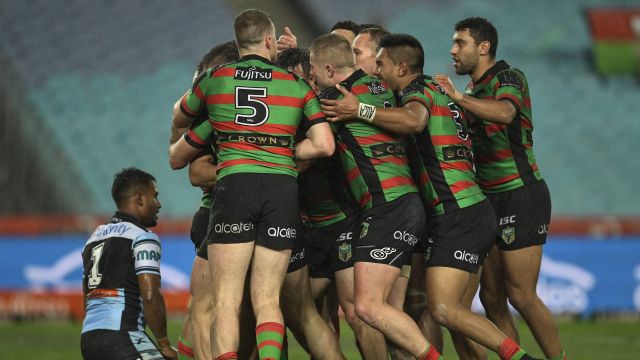 Bunnies boilover: South Sydney players celebrate during their win over Cronulla at ANZ Stadium.