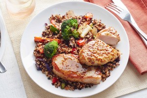 Apple cider-glazed pork with quinoa fried rice