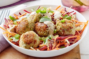 Vegan quinoa and chickpea balls with beetroot slaw