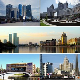 From top to bottom, left to right: Nur Zhol Boulevard; KazMunayGas Headquarters; Ishim River; L.N.Gumilyov Eurasian National University; Triumph of Astana