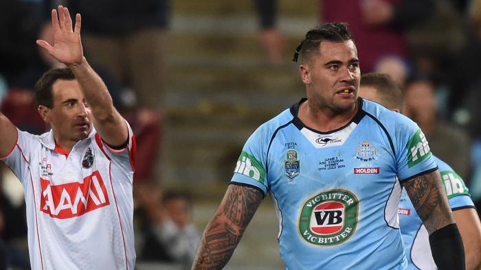 Andrew Fifita of the Blues is sent to the sin bin during State of Origin Game 3 between the NSW Blues and Queensland Maroons, at ANZ Stadium in Sydney on Wednesday, July 13, 2016. (AAP Image/Paul Miller) NO ARCHIVING, EDITORIAL USE ONLY