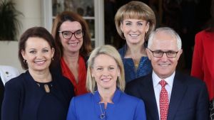 Prime Minister Malcolm Turnbull with female members of the ministry after the swearing in ceremony at Government House ...