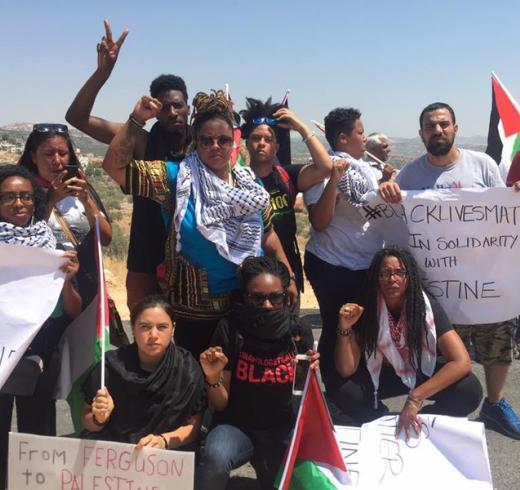 Delegates from the Movement for Black Lives join Palestinian organizers and activists in the West Bank village of Bilin during a weekly Friday protest against Israel’s occupation and colonization, 29 July. (via Facebook)