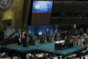 File - Mogens Lykketoft, President of the seventieth session of the General Assembly, hosted the first-ever televised live debate in the General Assembly Hall with candidates for the position of Secretary-General, 12 July, 2016.