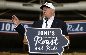 Republican presidential candidate Donald Trump speaks at Joni's Roast and Ride, a fundraiser for a PAC, at the Iowa State Fairgrounds, in Des Moines, Iowa, Saturday, Aug. 27, 2016.