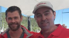 Hamilton Island CEO Glenn Bourke, Hamilton Island owner Sandy Oatley, Chris Hemsworth and Wild Oats XI skipper Mark ...