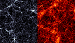 Illustris simulation, showing the distribution of dark matter in 350 million by 300,000 light years. Galaxies are shown as high-density white dots (left) and as normal, baryonic matter (right). Credit: Markus Haider/Illustris