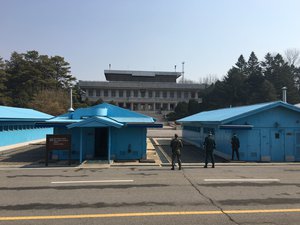 File - South Korean Soldiers stand guard on the South Korean side of the Joint Security Area March 26, 2016.  The Korean Demilitarized Zone is a strip of land running across the Korean Peninsula.